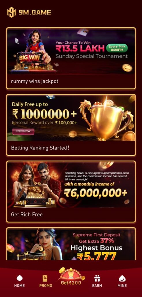 9M Game app home screen on Android mobile device